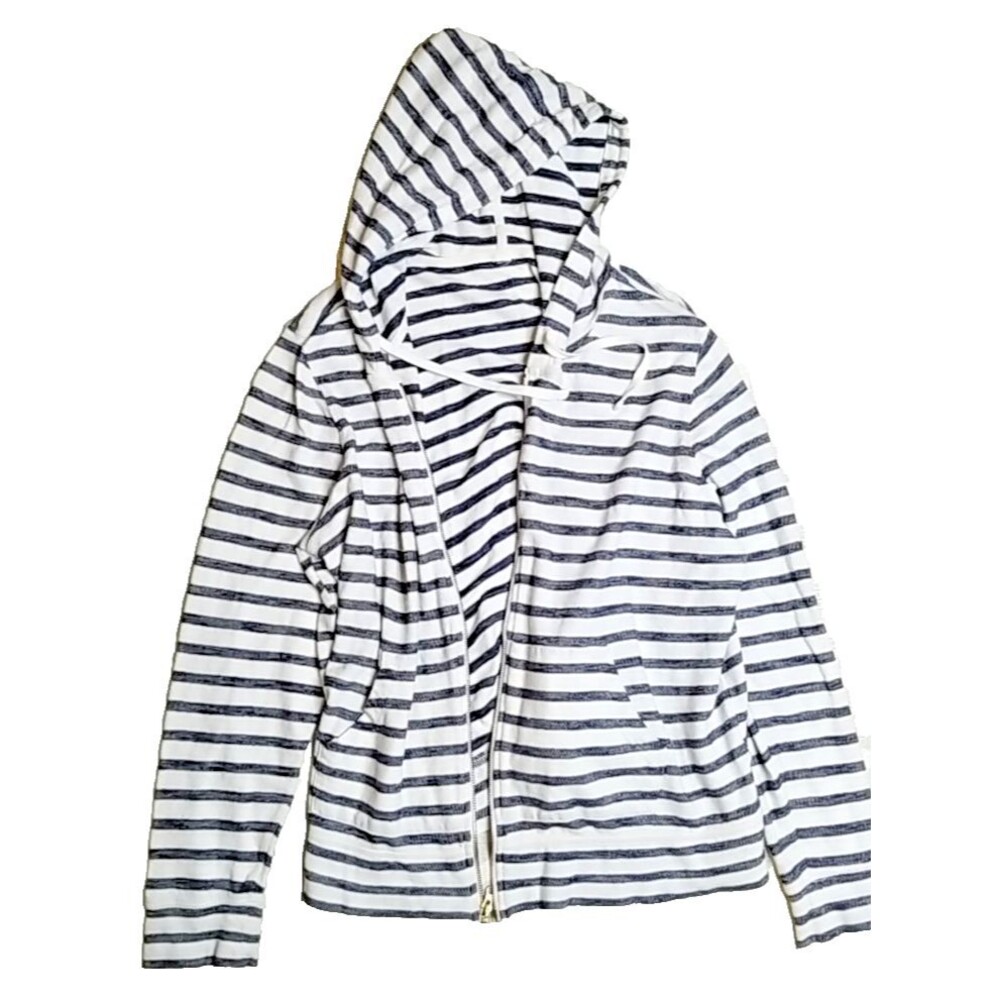 Womens Sweater Hooded Blue Striped Full Zip Coastal Nautical Sailor Chic Size XL